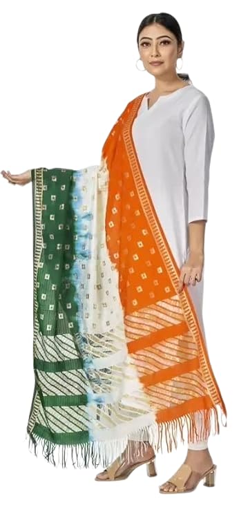 Vlazom Women’s & Girls’ Tricolor Tiranga Dupatta – Art Silk Cotton, 2.25m | Saffron-White-Green Chunni for Republic Day, Independence Day, Festivals & Cultural Events (1, Multi, Free Size) - Image 5
