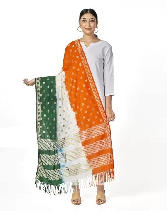 Vlazom Women’s & Girls’ Tricolor Tiranga Dupatta – Art Silk Cotton, 2.25m | Saffron-White-Green Chunni for Republic Day, Independence Day, Festivals & Cultural Events (1, Multi, Free Size) - Image 2