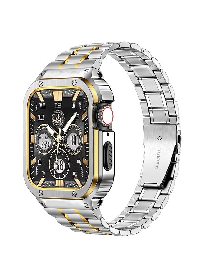 O Ozone Stainless Steel Watch Band with Case For Apple Watch Series 9/8/7 (45mm) Metal Strap and Rugged Protective Bumper Cover for Men - Silver + Gold - Image 1
