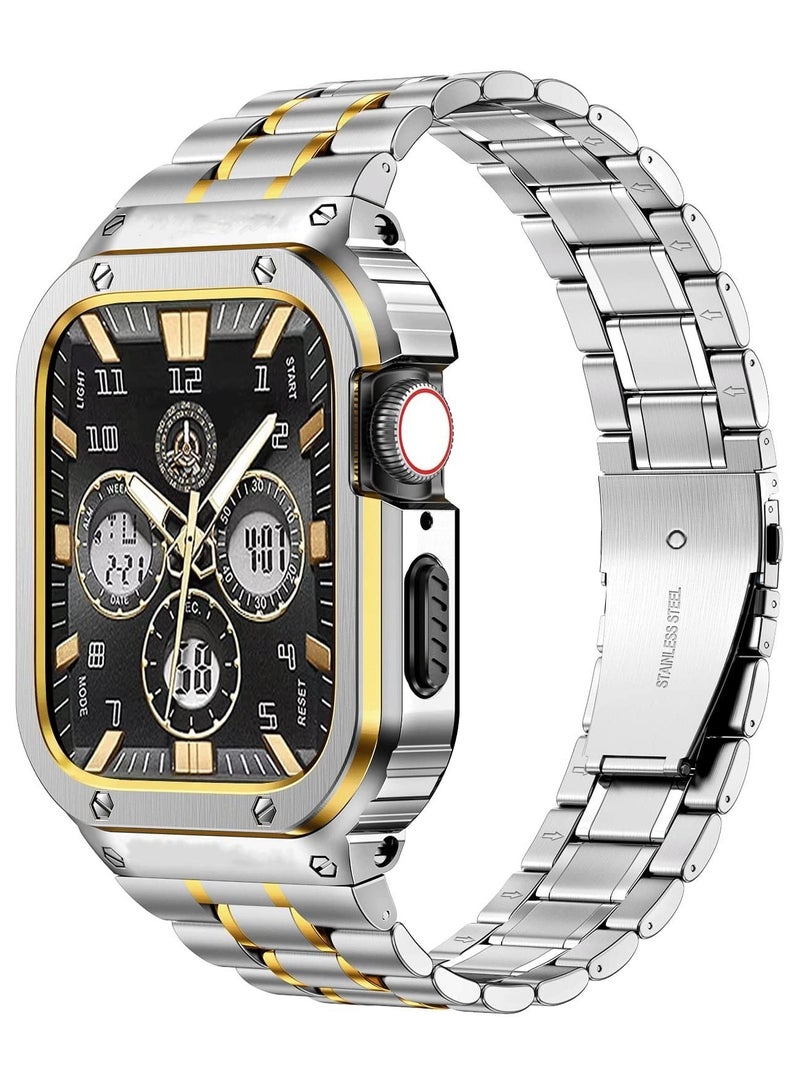 O Ozone Stainless Steel Watch Band with Case For Apple Watch Series 9/8/7 (45mm) Metal Strap and Rugged Protective Bumper Cover for Men - Silver + Gold - Image 1