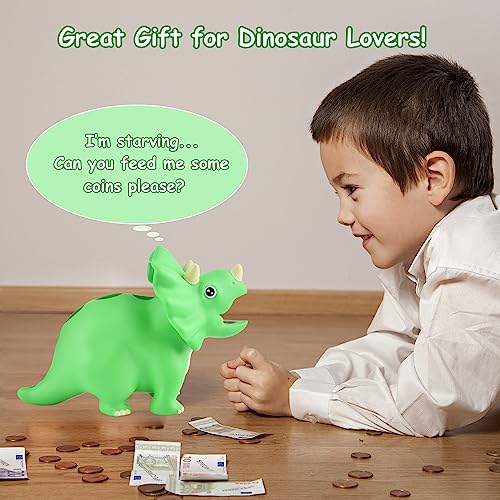 PJDRLLC Dinosaur Piggy Bank for Kids, Unbreakable Plastic Money Coin Bank for Boys and Girls, Great Gifts for Birthday, Easter, Christmas (Green) - Image 3
