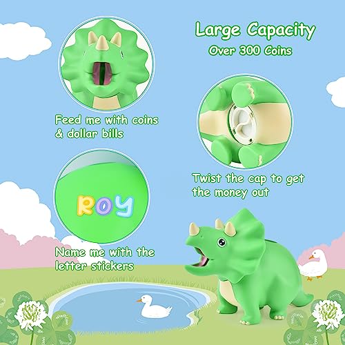 PJDRLLC Dinosaur Piggy Bank for Kids, Unbreakable Plastic Money Coin Bank for Boys and Girls, Great Gifts for Birthday, Easter, Christmas (Green) - Image 5