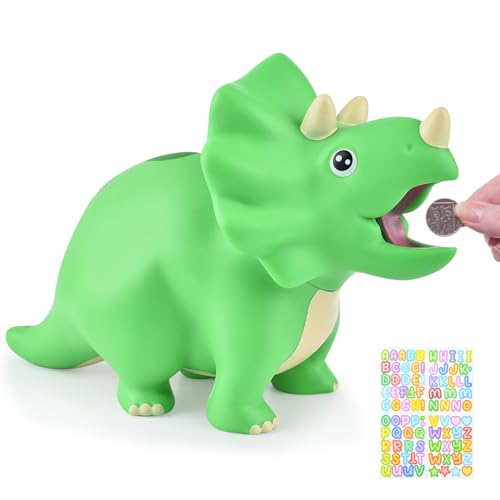 PJDRLLC Dinosaur Piggy Bank for Kids, Unbreakable Plastic Money Coin Bank for Boys and Girls, Great Gifts for Birthday, Easter, Christmas (Green) - Image 1