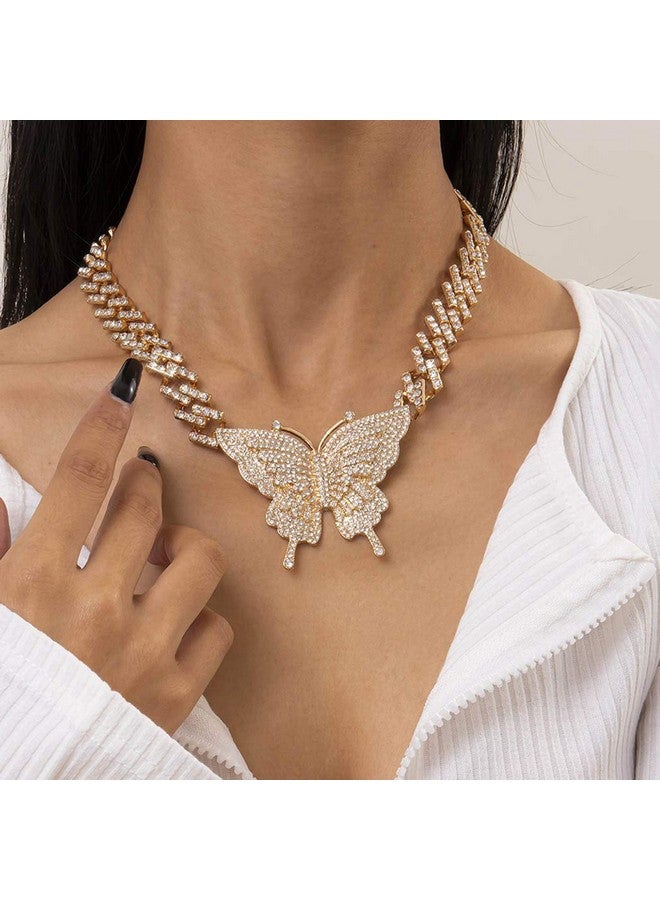 EARENT Rhinestone Butterfly Choker Necklace Cuban Butterfly Pendant Necklaces Chunky Link Chain Sparkly Neck Jewelry For Women (A-Gold) - Image 3