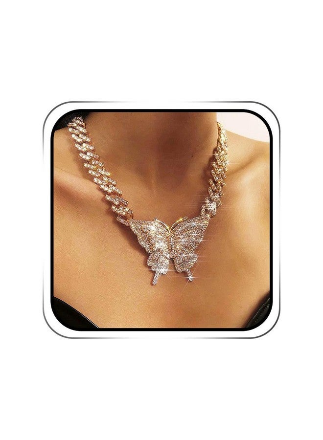 EARENT Rhinestone Butterfly Choker Necklace Cuban Butterfly Pendant Necklaces Chunky Link Chain Sparkly Neck Jewelry For Women (A-Gold) - Image 1