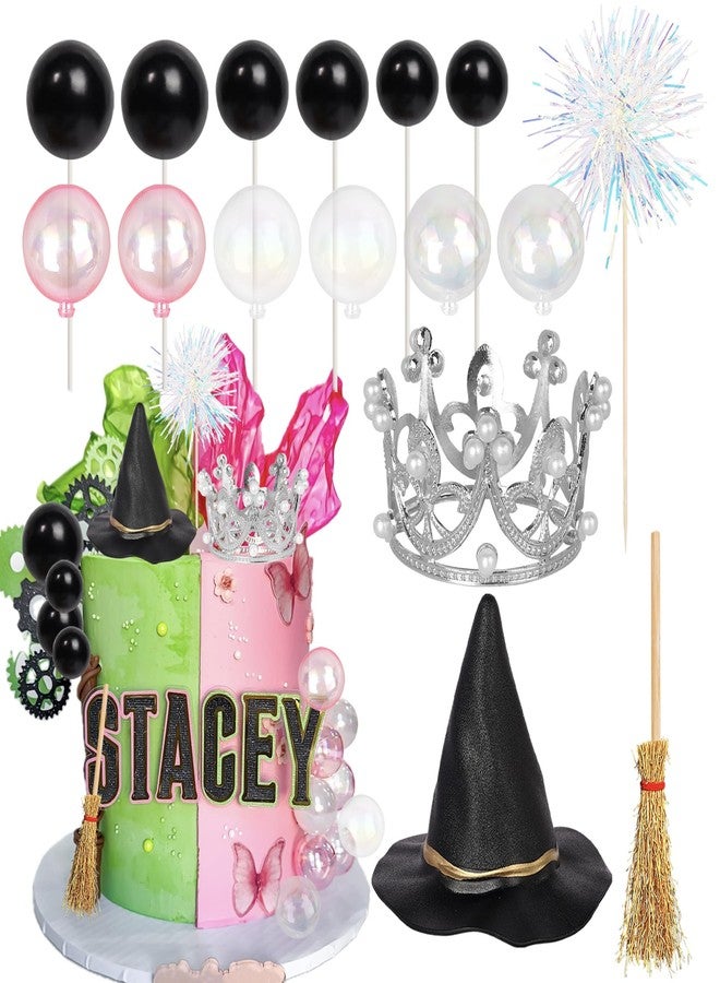 Rsstarxi 16 Pack Princess Witch Cake Topper Decorations Magic Crown Witch Hat Broom Cake Pick Black Pink Balloon Cake Decorations for Halloween Baby Shower Birthday Party Cake DIY Decoration - Image 1