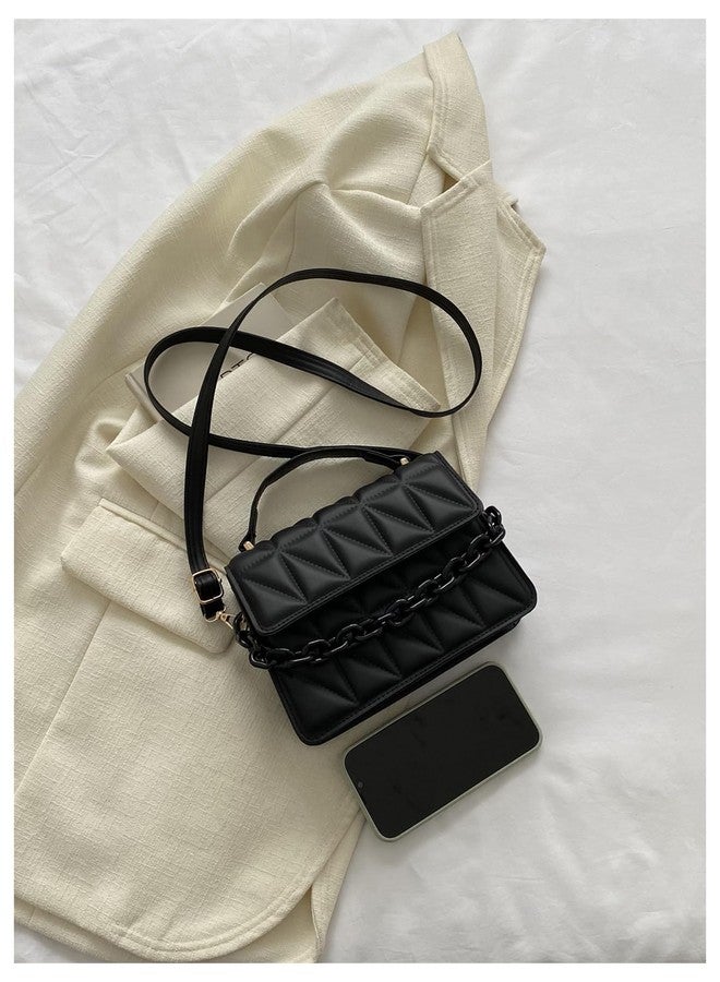 OYOANGLE Women's Quilted PU Leather Square Crossbody Bag Mini Satchel Handbags Fashion Purse Black One-Size - Image 3