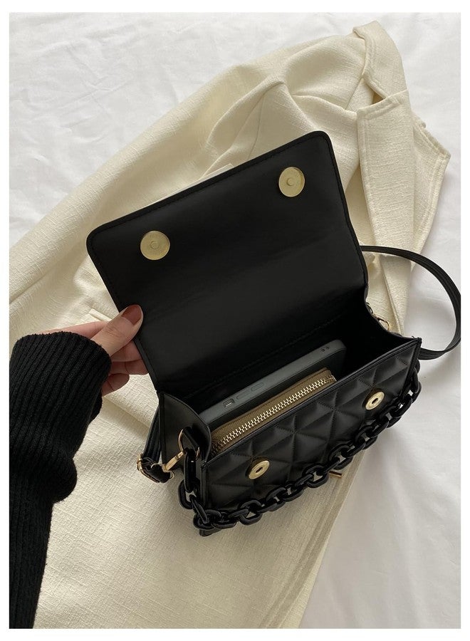 OYOANGLE Women's Quilted PU Leather Square Crossbody Bag Mini Satchel Handbags Fashion Purse Black One-Size - Image 4