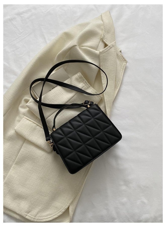 OYOANGLE Women's Quilted PU Leather Square Crossbody Bag Mini Satchel Handbags Fashion Purse Black One-Size - Image 2