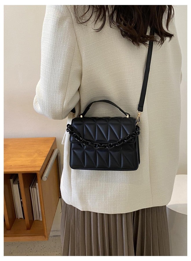 OYOANGLE Women's Quilted PU Leather Square Crossbody Bag Mini Satchel Handbags Fashion Purse Black One-Size - Image 5