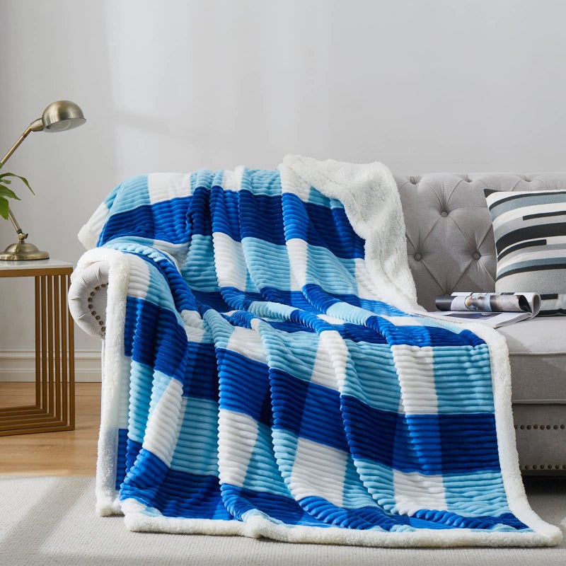 PU MEI Sherpa Blanket Twin Plaid Thick Bed Blanket 6080 Super Soft Flannel Fuzzy Fleece Reversible Velvet Plush Warm Blanket for Couch Blue Check 6080
