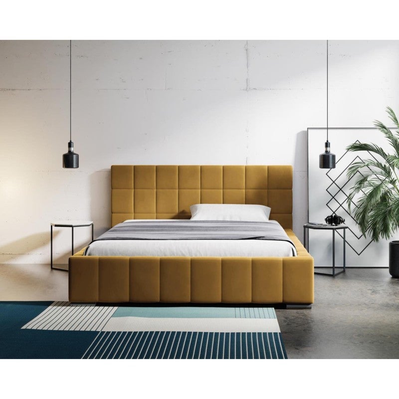 الزخارف للمفروشات سرير مودرن مُنجّد بقماش فيلفيت – دبل 120×200 سم – أصفر مستردة – لوح أمامي مبطن مودرن - Image 3