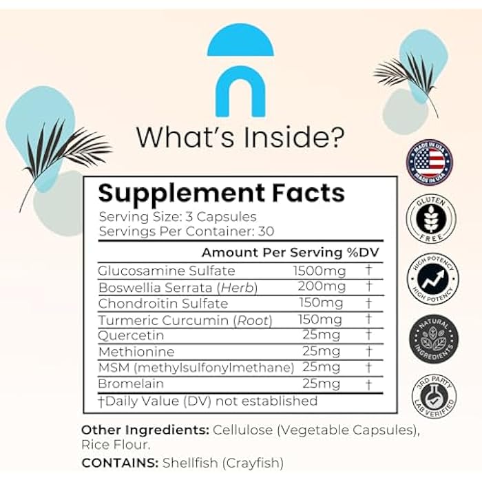 NutriRise Glucosamine Chondroitin Quercetin & MSM with Turmeric Curcumin 2100mg Triple Strength Joint Support Supplement for Women & Men with Boswellia & Bromelain, Gluten Free, Non GMO, 90 Count - Image 2