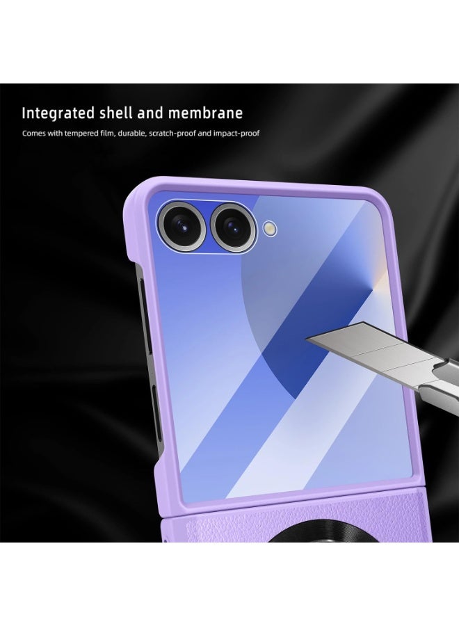 عام غطاء جلدي متوافق مع سامسونج جالكسي زد فليب 7، يدعم الشحن اللاسلكي المغناطيسي، مع حماية للمفصل وحامل خفي وطبقة حماية عالية الوضوح. - Image 3