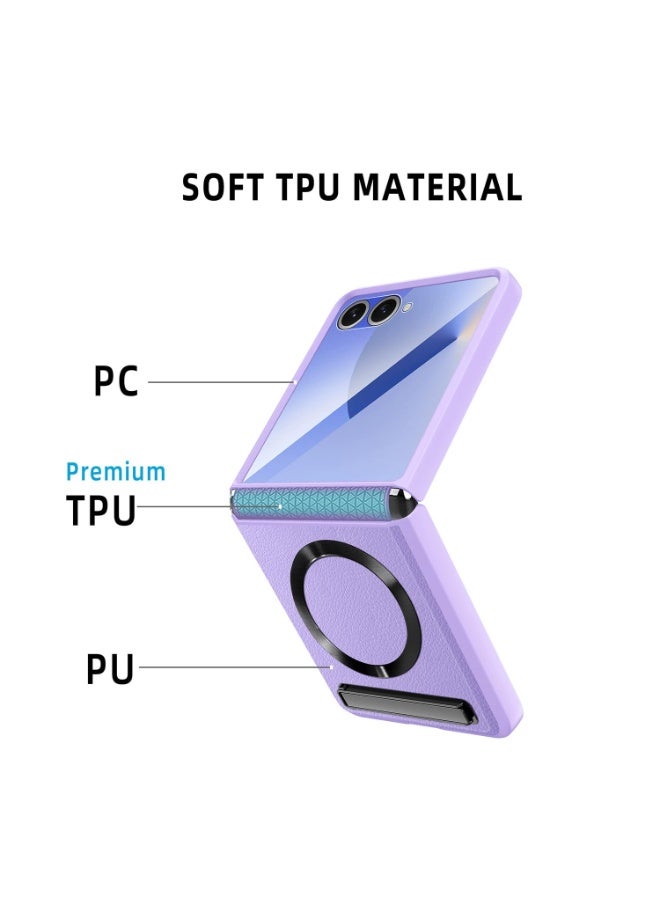عام غطاء جلدي متوافق مع سامسونج جالكسي زد فليب 7، يدعم الشحن اللاسلكي المغناطيسي، مع حماية للمفصل وحامل خفي وطبقة حماية عالية الوضوح. - Image 2