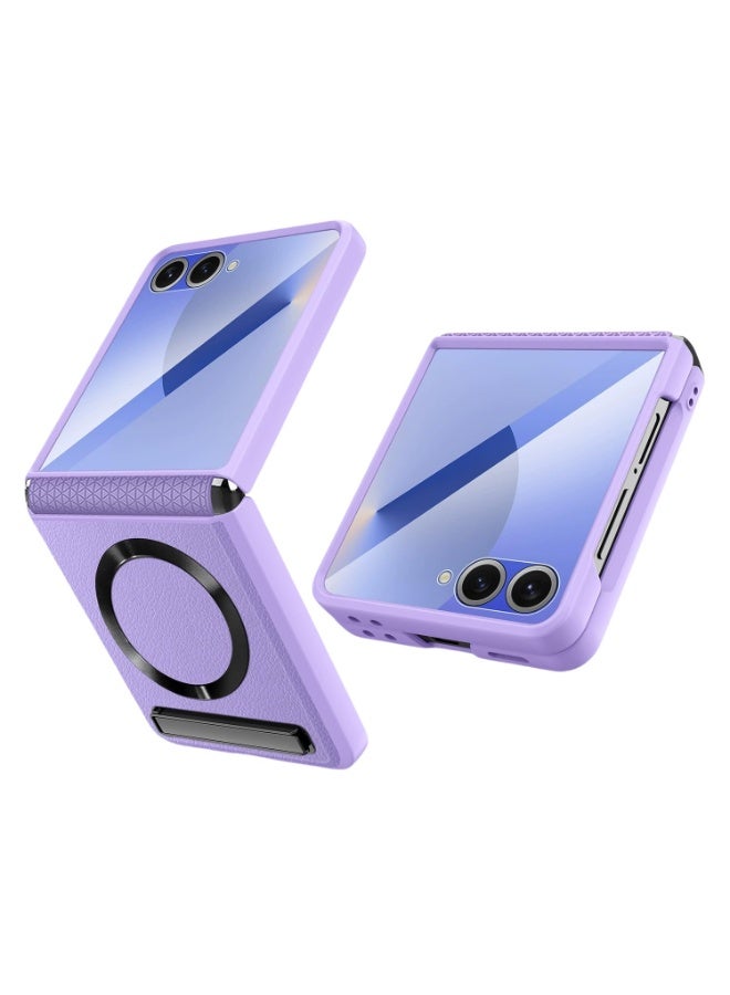 عام غطاء جلدي متوافق مع سامسونج جالكسي زد فليب 7، يدعم الشحن اللاسلكي المغناطيسي، مع حماية للمفصل وحامل خفي وطبقة حماية عالية الوضوح. - Image 1