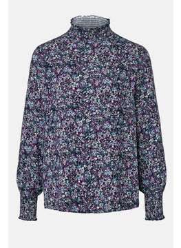 Tchibo Women High Neck Long Sleeve Allover Printed Blouse, Blue Combo  - Image 2