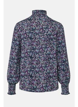 Tchibo Women High Neck Long Sleeve Allover Printed Blouse, Blue Combo  - Image 3