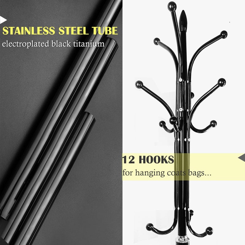 Kertnic Metal Coat Rack Stand with Natural Marble Base, Free Standing Hall Tree with 12 Hooks for Hanging Scarf, Bag, Jacket, Home Entry-way Hat Hanger Organizer (Black) - Image 4