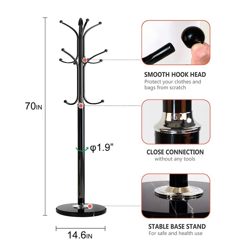 Kertnic Metal Coat Rack Stand with Natural Marble Base, Free Standing Hall Tree with 12 Hooks for Hanging Scarf, Bag, Jacket, Home Entry-way Hat Hanger Organizer (Black) - Image 3