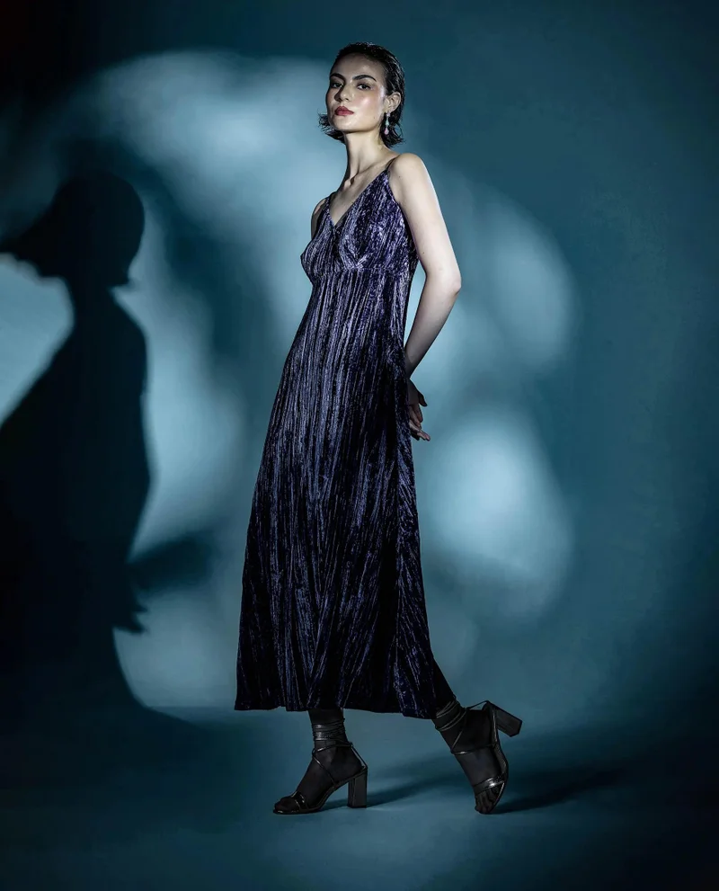 ريريزم Rareism Women Harbo Purple Velvet Sleeveless Shoulder Straps Zipper Closure Fit And Flare Maxi Plain Dress