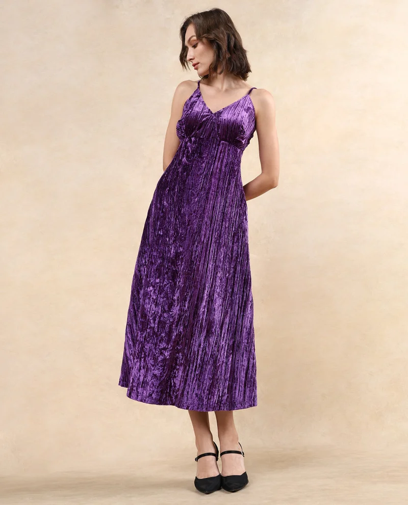 ريريزم Rareism Women Harbo Purple Velvet Sleeveless Shoulder Straps Zipper Closure Fit And Flare Maxi Plain Dress
