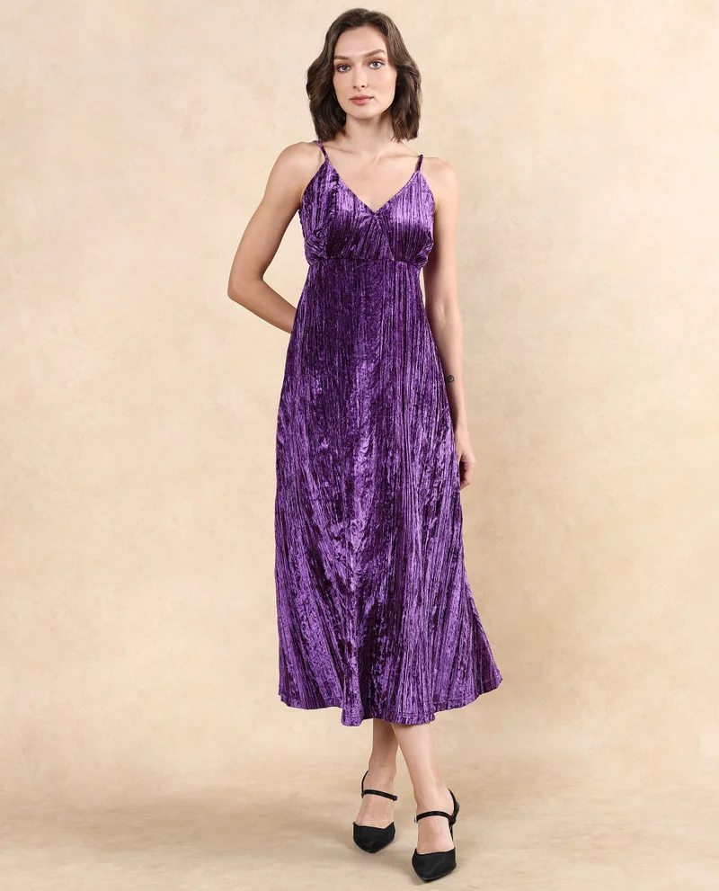 Rareism Women's Velvet Strap Flared Dress