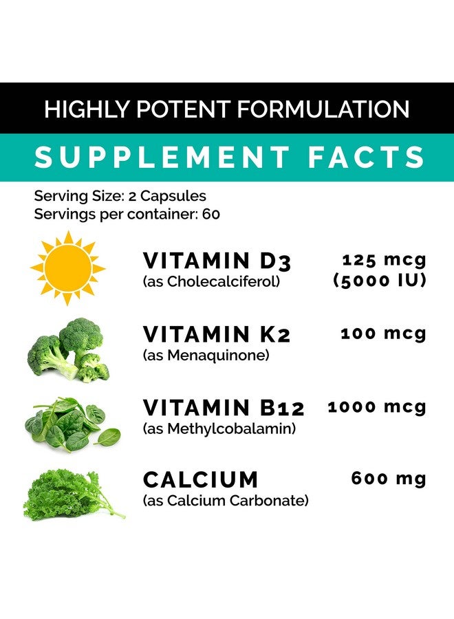 PrimeMD 4In1 Calcium 600 Mg With Vitamin D3 K2 B12 Vitamin D3 K2 5000 Iu Supplement For Heart Bone & Immune Support Calcium Supplements For Women & Men Glutenfree Nongmo Vegan Friendly(120 Count) - Image 4