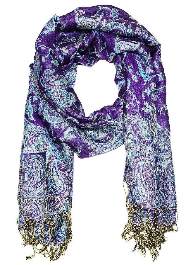Falari Falari Women's Woven Paisley Pashmina Shawl Wrap Scarf 80" x 27" (Style 1 - Dark Purple & Turquoise)  - Image 2