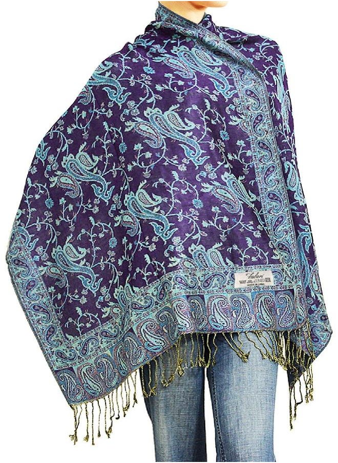 Falari Falari Women's Woven Paisley Pashmina Shawl Wrap Scarf 80" x 27" (Style 1 - Dark Purple & Turquoise)  - Image 1