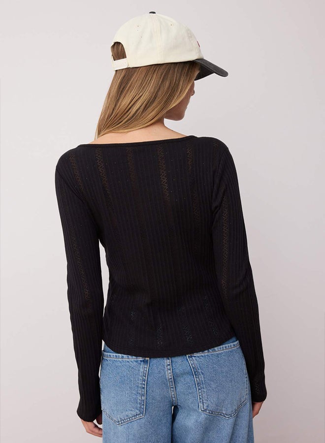 trendyol Black Fitted/Slim Fit Pointel V Neck Bodycon Stretchy Knitted Blouse - Image 4