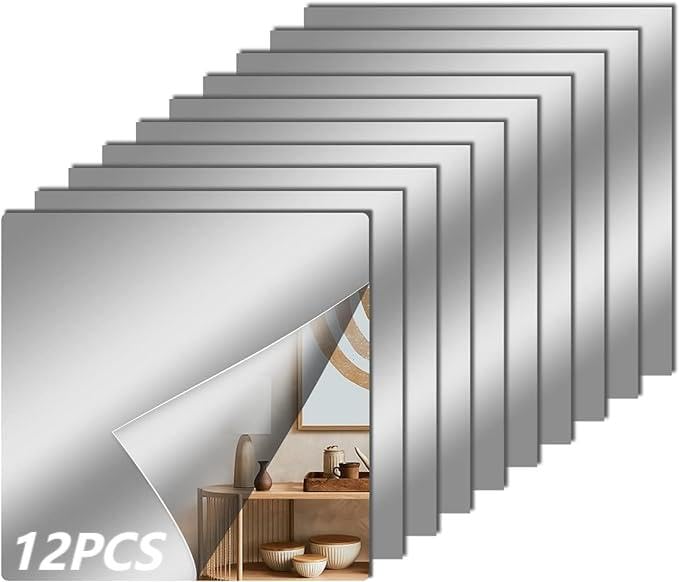 12 PCS FLEXIBLE MIRROR SHEETS STICKERS NON GLASS SAFETY REFLECTIVE MIRROR 12 X 12 IN SELF ADHESIVE SQUARE CUTTABLE MIRROR WALL STICKERS FOR DIY CRAFT HOME WALL DECORATION