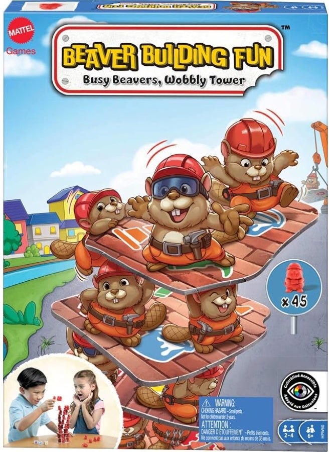 Mattel Games Beaver Building Fun Game for Family Nights, Game Nights, Travel & Camping for 2-4 Players 6 and Up with 45 Beaver Figures, 14 Double-Sided Building Tiles and 3 Dice. - Image 1