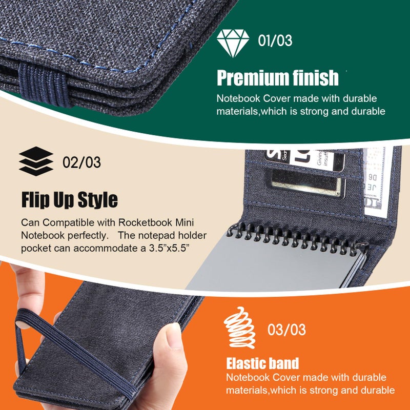 Plinyvel Notebook Cover for Rocketbook Mini & Field Notes Top Spiral (3.5"x5.5") - Durable Waterproof Case with Pen Holder & Card Slot, Power User Productivity Kit (Blue) - Image 5