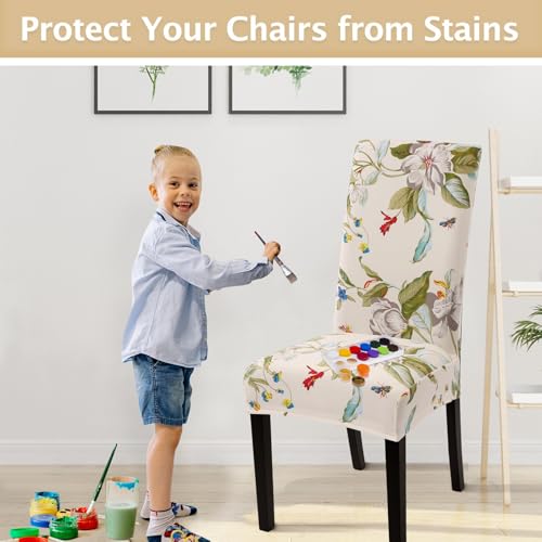 SearchI Chair Covers Slipcovers Set of 4, Spandex Super Fit Stretch Removable Washable Kitchen Parsons Protector for Dining Room,Hotel,Ceremony,Beige+Flowers - Image 5