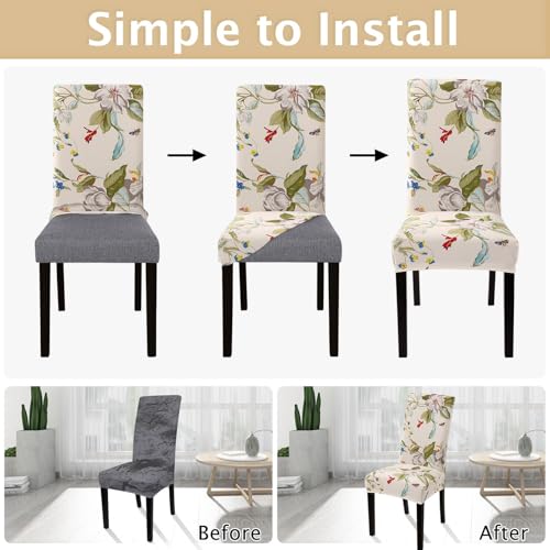 SearchI Chair Covers Slipcovers Set of 4, Spandex Super Fit Stretch Removable Washable Kitchen Parsons Protector for Dining Room,Hotel,Ceremony,Beige+Flowers - Image 4
