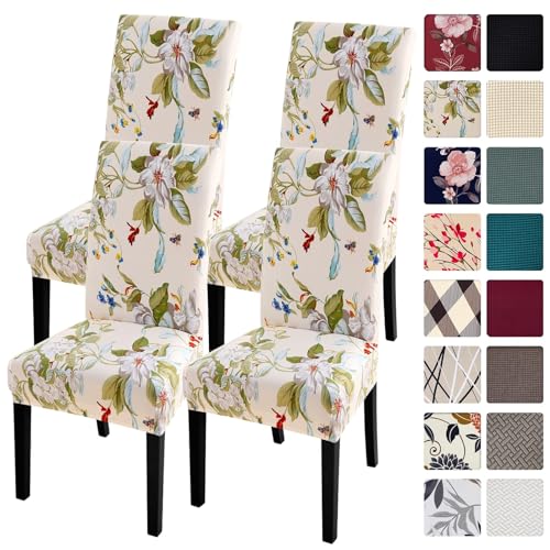 SearchI Chair Covers Slipcovers Set of 4, Spandex Super Fit Stretch Removable Washable Kitchen Parsons Protector for Dining Room,Hotel,Ceremony,Beige+Flowers - Image 1