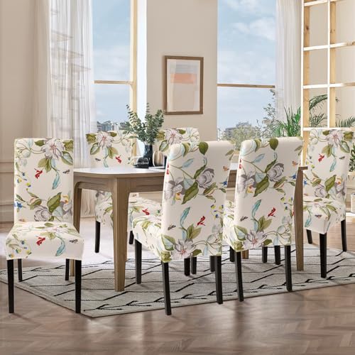 SearchI Chair Covers Slipcovers Set of 4, Spandex Super Fit Stretch Removable Washable Kitchen Parsons Protector for Dining Room,Hotel,Ceremony,Beige+Flowers - Image 2