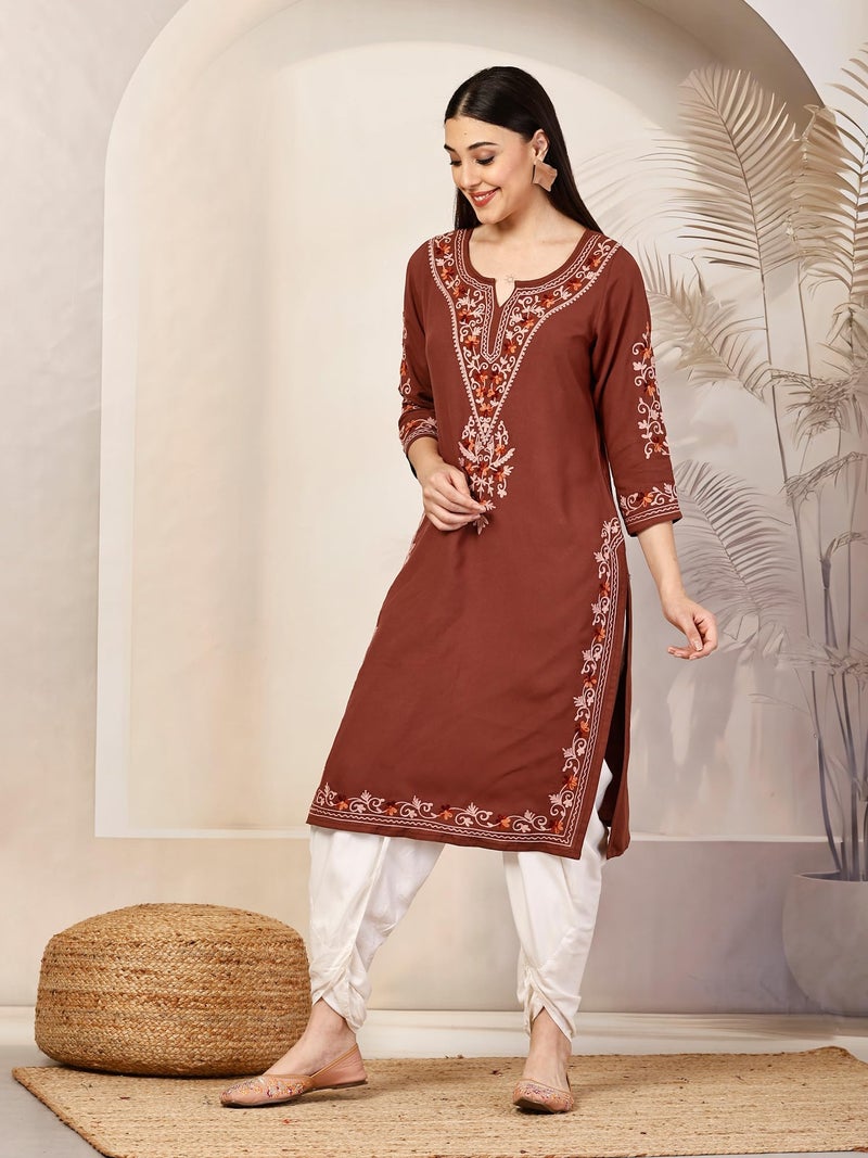 QAZMI Women's Aafreen Kashmiri Aari Embroidered 3/4 Sleeves Viscose Rayon Kurta Brown - Image 3