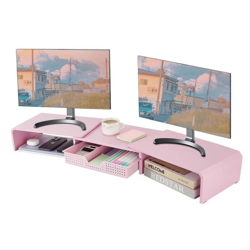 LEKETREE Dual Monitor Stand Riser with Drawer, Desk Organizer and Accessories, Pink Monitor Stand for Desk, Desktop Stand for Computer, Laptop, TV and More (Pink) - Image 1