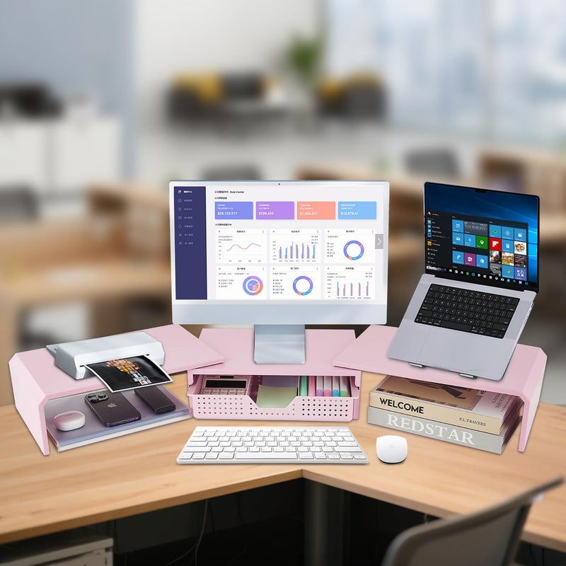 LEKETREE Dual Monitor Stand Riser with Drawer, Desk Organizer and Accessories, Pink Monitor Stand for Desk, Desktop Stand for Computer, Laptop, TV and More (Pink) - Image 2