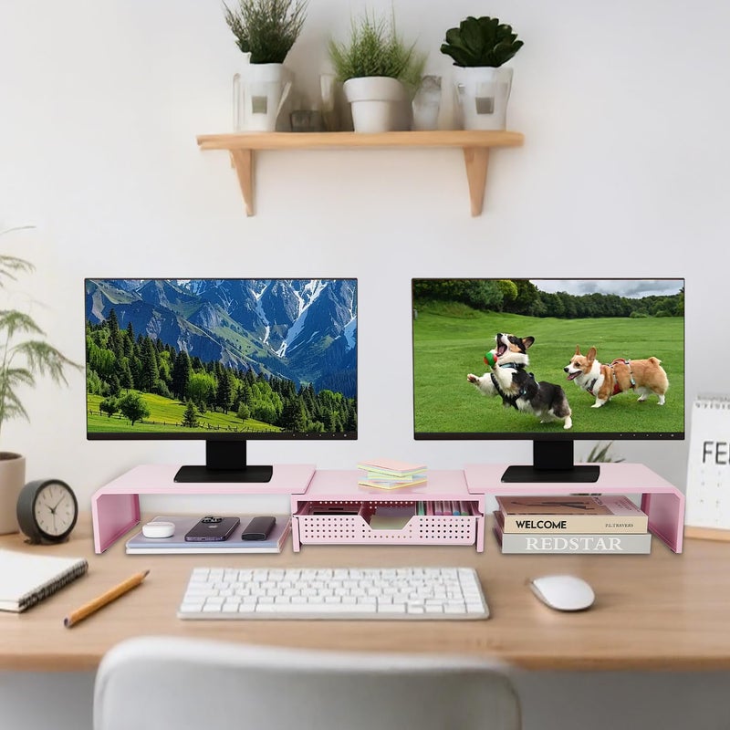 LEKETREE Dual Monitor Stand Riser with Drawer, Desk Organizer and Accessories, Pink Monitor Stand for Desk, Desktop Stand for Computer, Laptop, TV and More (Pink) - Image 3