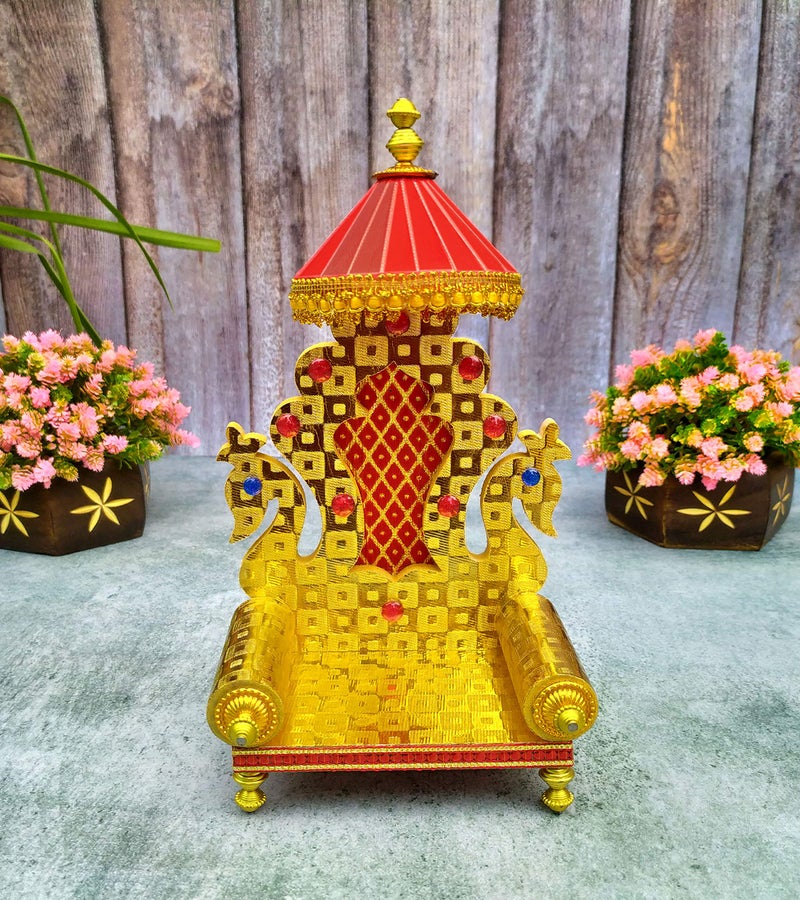SHINDE EXPORTS Wooden Laddu Gopal Singhasan (9 inches , Golden ) - Image 1
