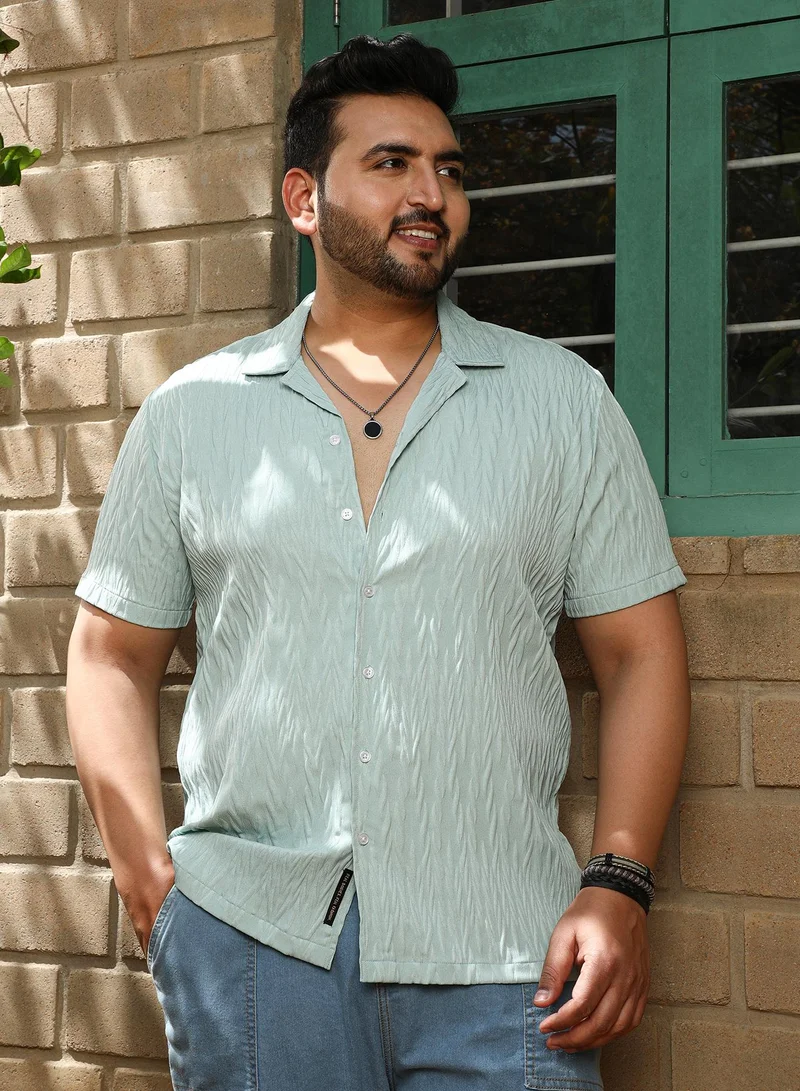 Instafab Plus Instafab Plus Men's Sage Green Grain-Textured Shirt For Casual Wear | Cuban Collar | Short Sleeve | Button Closure | Shirt Crafted With Comfort Fit For Everyday Wear