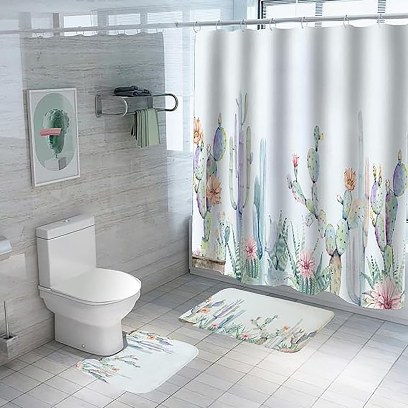 Kuber Industries Shower Curtain & Bathmat Set | Non-Slip Bath mats for Bathroom | Easy-Slide Curtains | Polyester Curtain or Bathmat for Bath D?cor | YF141-3T | 3 Pcs Set | Multicolor - Image 1