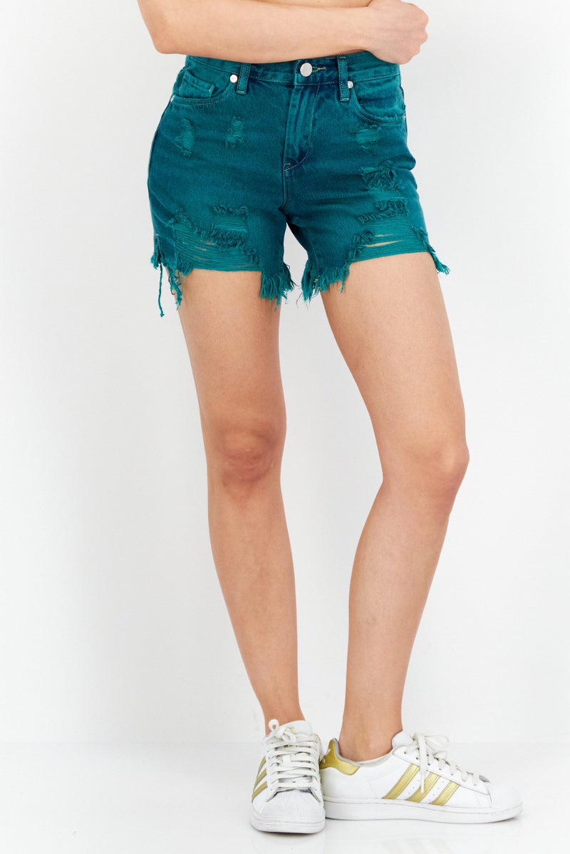 Blank NYC Women Regular Fit Washed Rip Denim Shorts, Teal Green - Image 1
