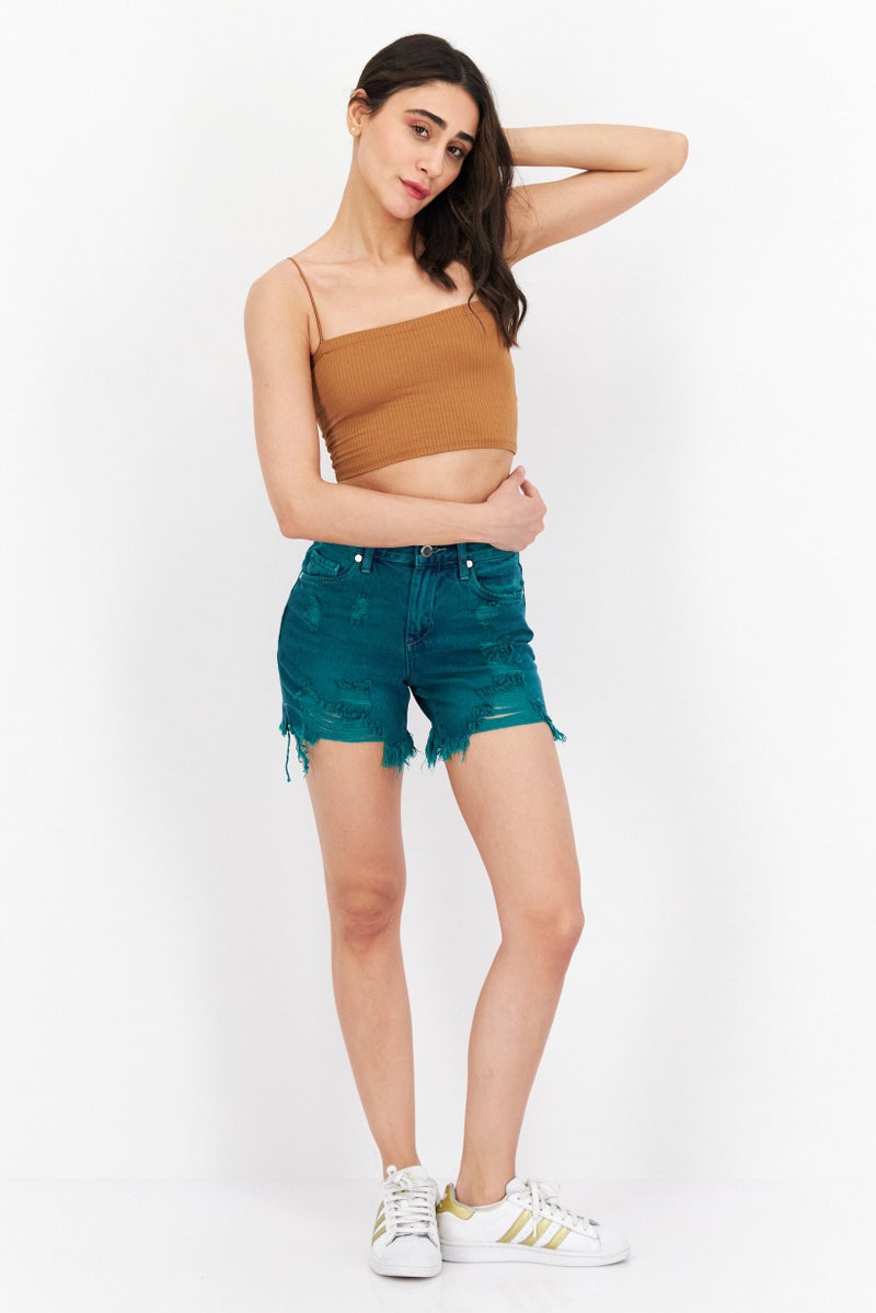 Blank NYC Women Regular Fit Washed Rip Denim Shorts, Teal Green - Image 4