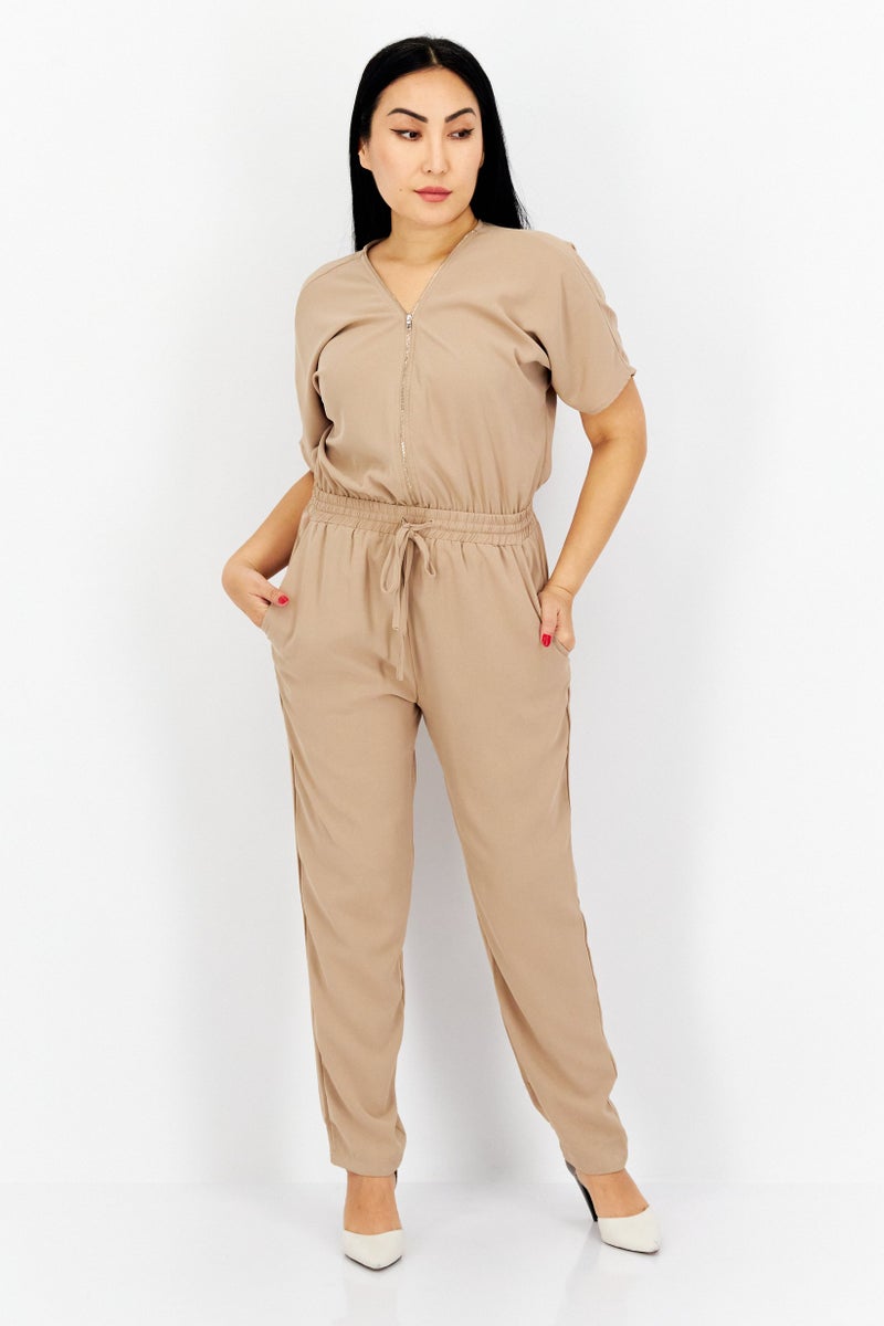 French Connection Women Plain Short Sleeves Jumpsuit, Brown - Image 1