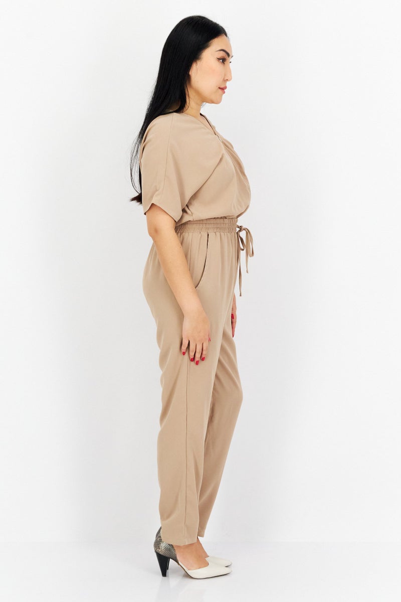 French Connection Women Plain Short Sleeves Jumpsuit, Brown - Image 3