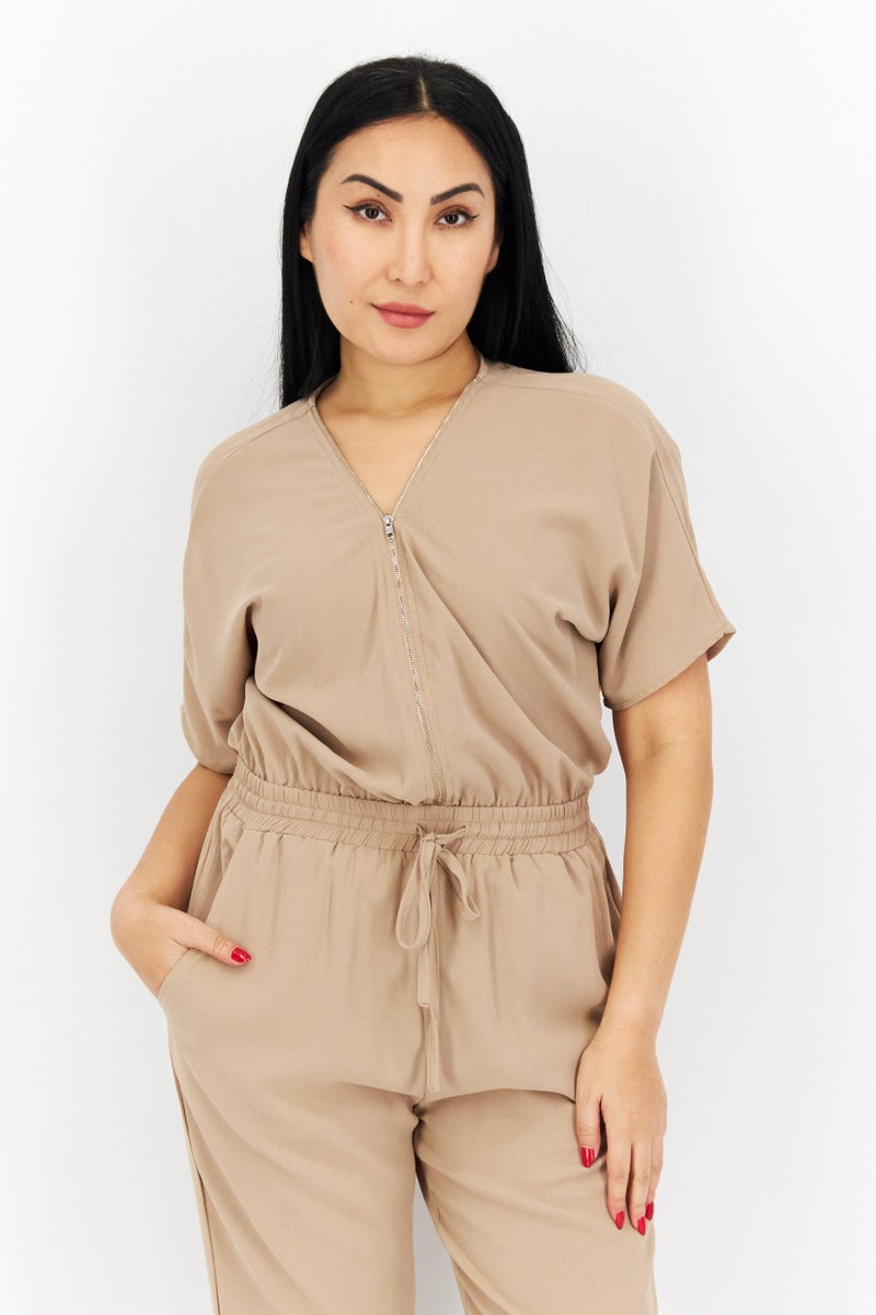 French Connection Women Plain Short Sleeves Jumpsuit, Brown - Image 2